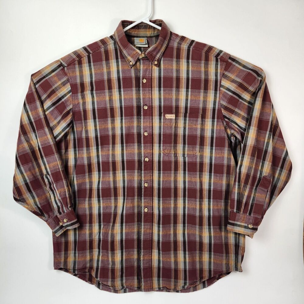 VTG 90s Carhartt Shirt Mens L Chore Wear Western Cowboy Plaid Work Utility Thick